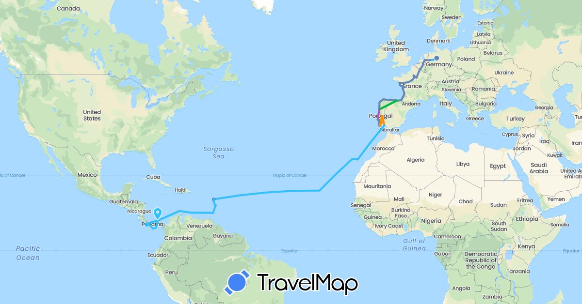 TravelMap itinerary: driving, bus, cycling, train, boat, hitchhiking in Belgium, Costa Rica, Cape Verde, Germany, Spain, France, Netherlands, Panama, Portugal (Africa, Europe, North America)